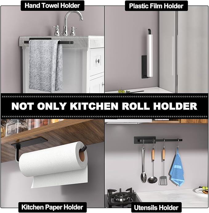 Paper Towel Holder - Self-Adhesive or Drilling, Matte Black, Upgraded Aluminum Kitchen Roll Dispenser Under Cabinet, Lighter but Stronger Than
