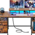 Furologee 61" Computer Desk with Power Outlet & LED Lights, Reversible Gaming Desk with File Cabinet & Monitor Stand for Home Office, Writing Study
