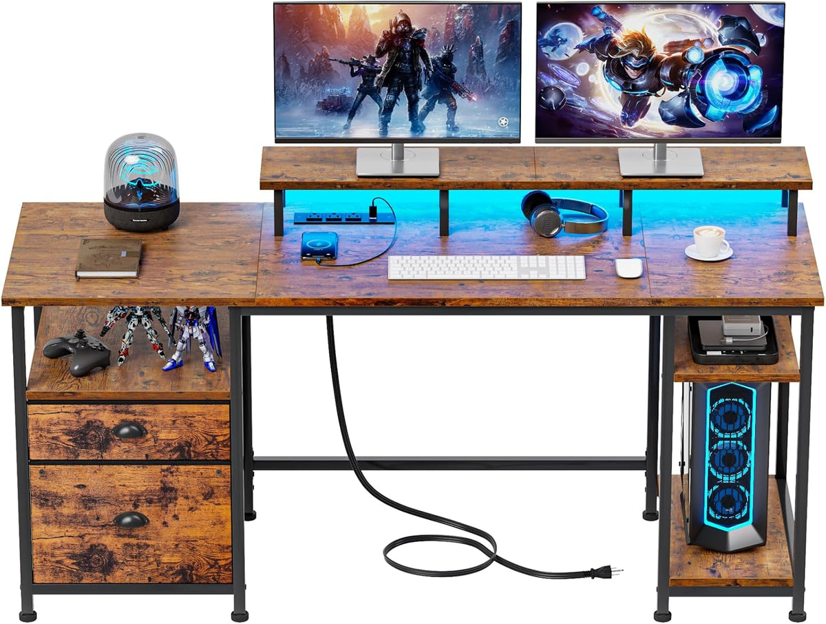 Furologee 61" Computer Desk with Power Outlet & LED Lights, Reversible Gaming Desk with File Cabinet & Monitor Stand for Home Office, Writing Study