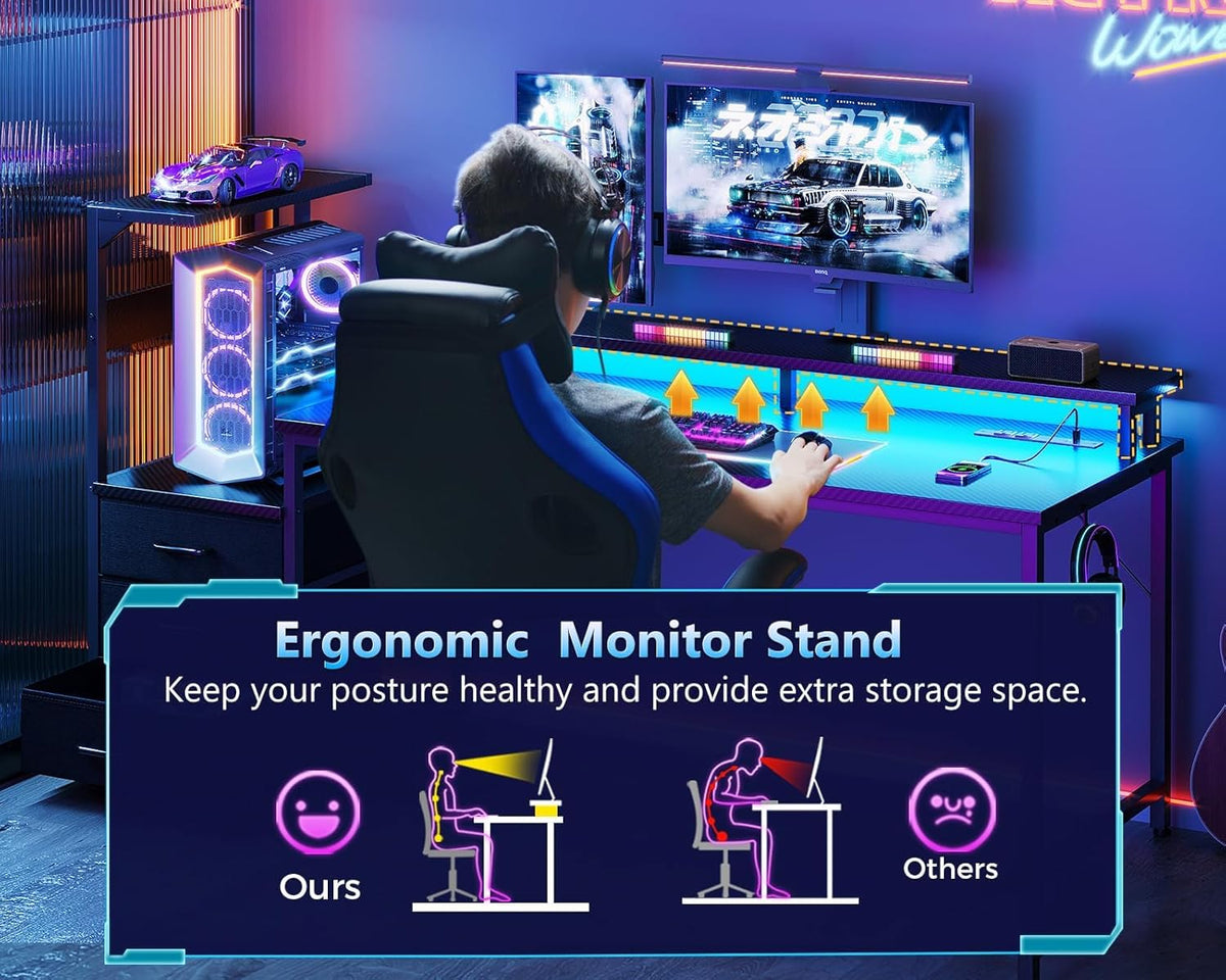 AODK 59 Inch Gaming Desk with USB Charging Ports & LED Light- Reversible Computer Desk with Storage Shelves & Monitor Stand, Modern Gamer Desk Table
