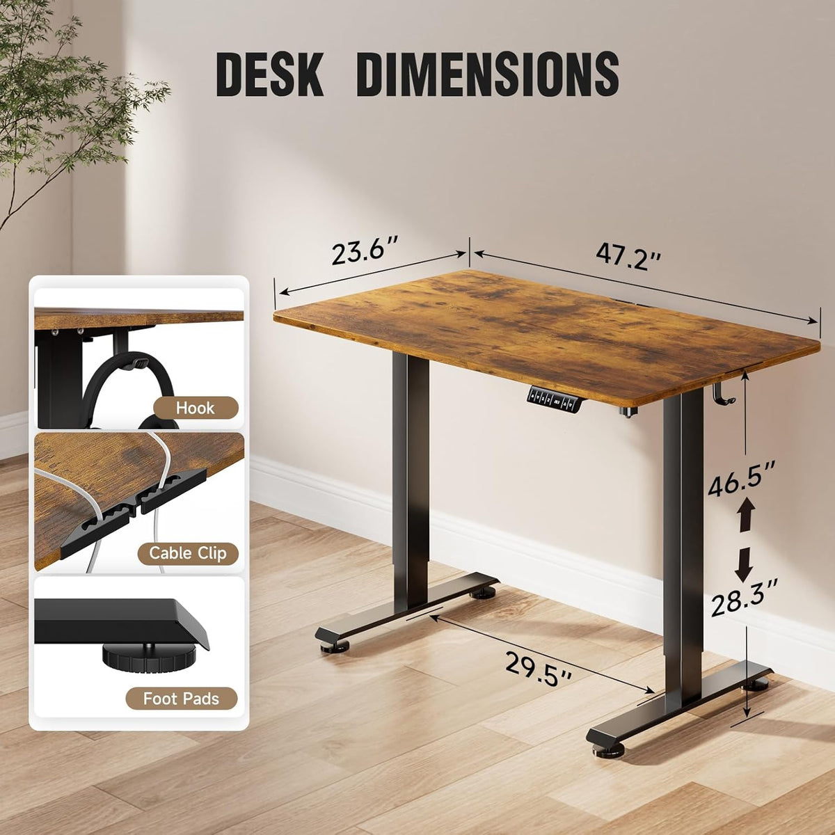 Veken 47.2" Standing Desk, Adjustable Height Office Desk with Wood Desktop, Computer Table for Home Work, Study and Gaming, Small Spaces, Modern