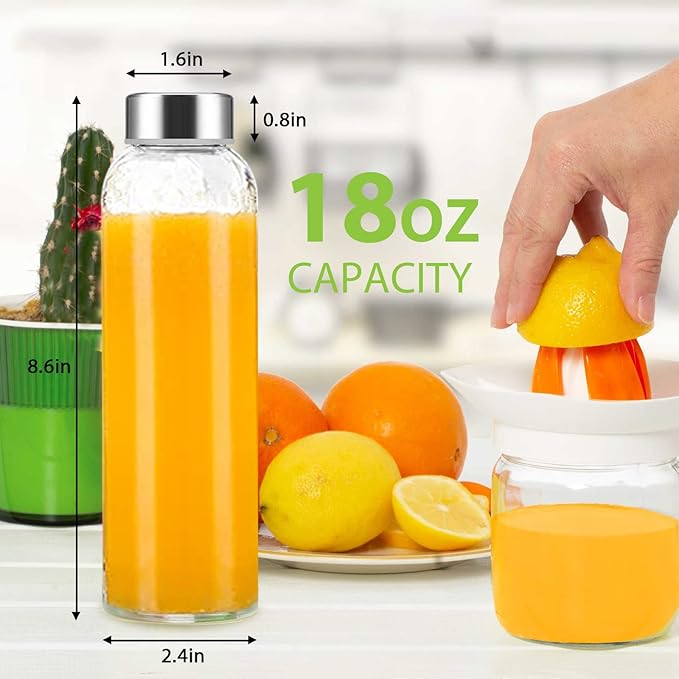 Clear Glass Bottles with Lids 18 oz, Reusable Glass Water Bottles with Stainless Steel Cap for Refrigerator, Juicing, 100% Leak Proof, BPA Free