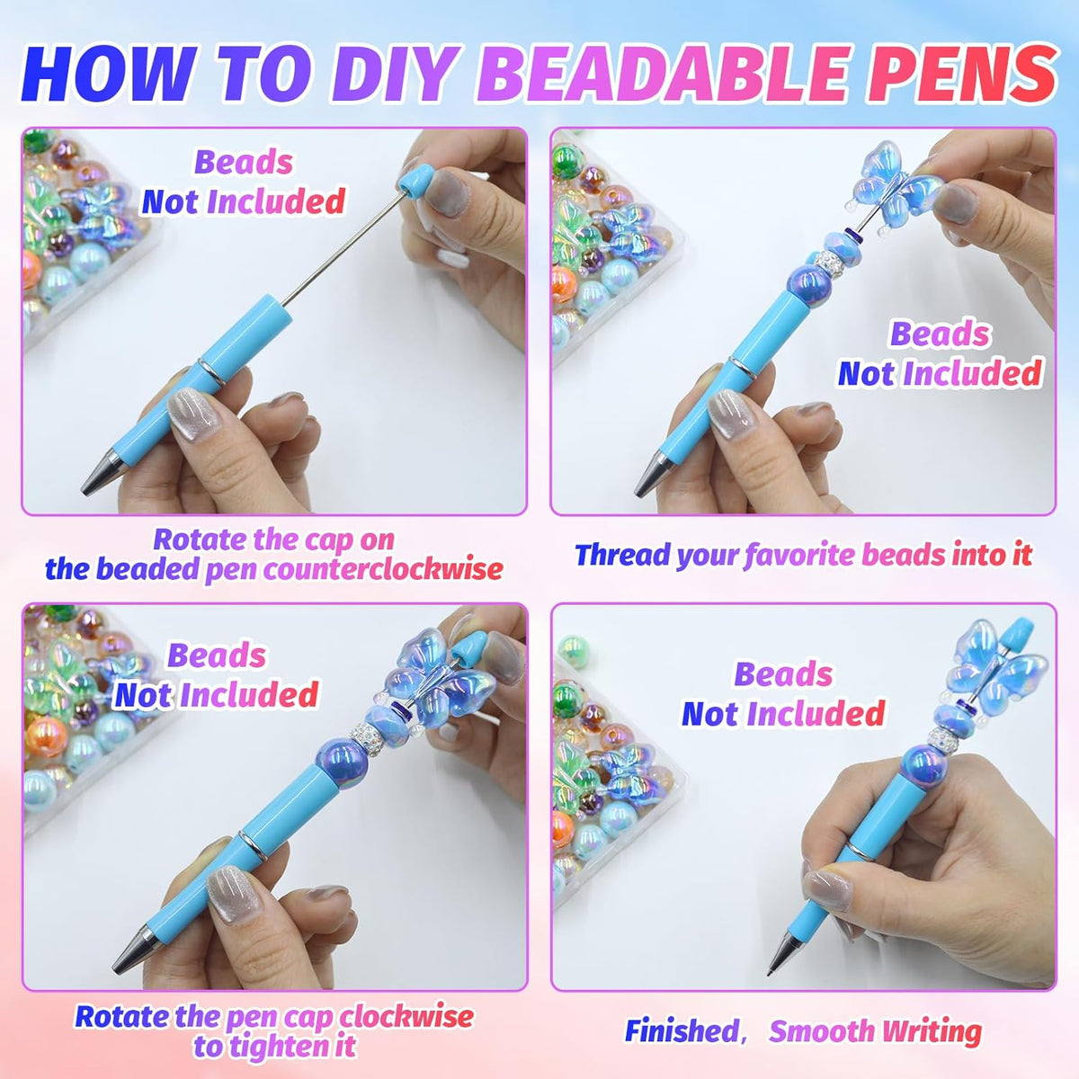 150 Pieces DIY Beadable Pen Kit – 50 Plastic Ballpoint Pens with Refills & Bags, Beads Not Included – School Supplies, Office Accessories & Craft