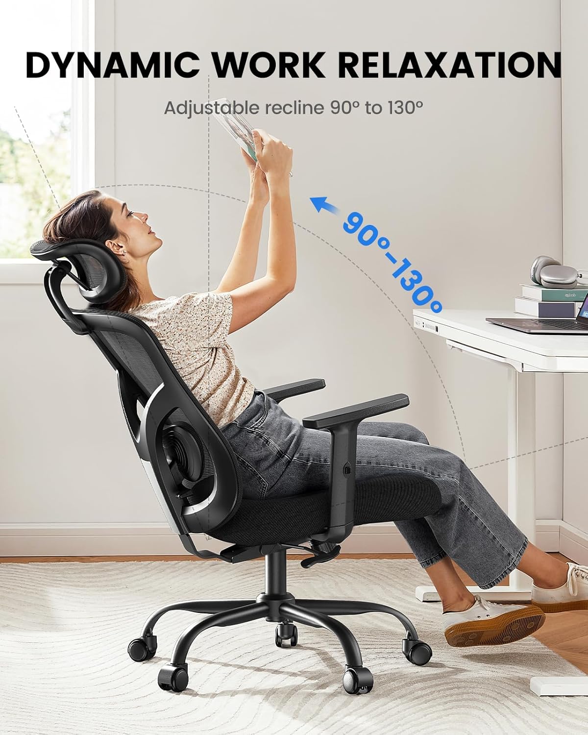 NOBLEWELL Ergonomic Office Chair with Padded Lumbar Support, 2D Headrest, Adjustable Armrests, Upgraded Contoured Seat Cushion, 130° Rocking Tilt