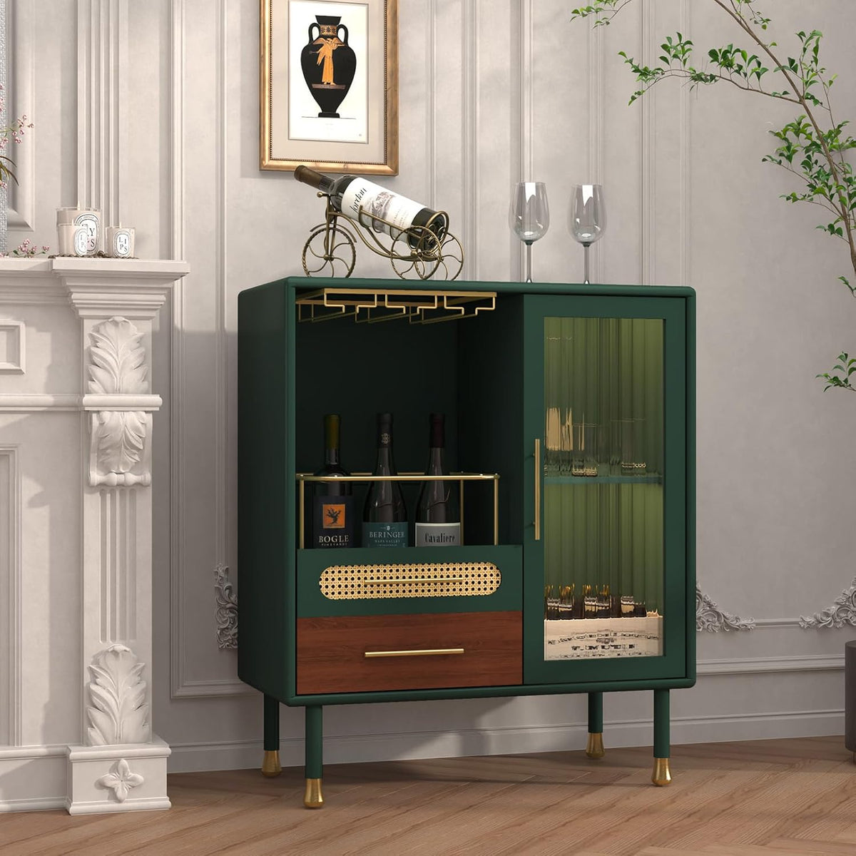 ARTPOWER Modern Coffee Bar Cabinet with Wine Glass Rack and Drawers, Green Liquor Cabinet with Pull-Out Wine Storage for Kitchen, Dining Room, Living