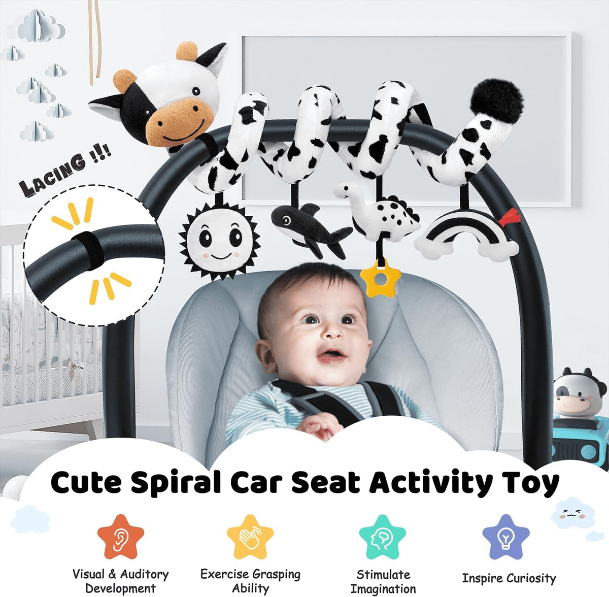 Spiral Car Seat Baby Toys 0-6 Months, Infant Carseat High Contrast Sensory Toys Hanging Stroller Accessories, Newborn Shower Gifts for Baby Boys