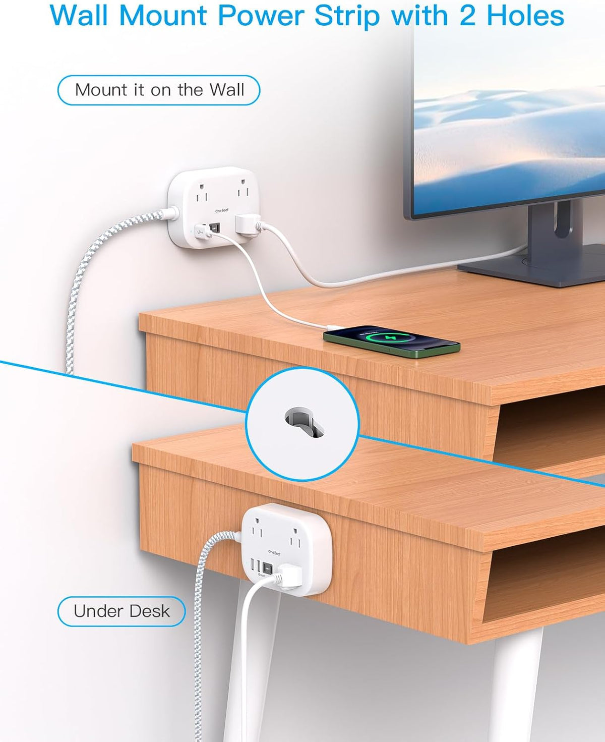 Cruise Essentials 2025,One Beat Travel Power Strip with USB C,Flat Plug Extension Cord with 3 Outlets 4 USB Ports(2 USB C),5 ft Desk Wall Outlet