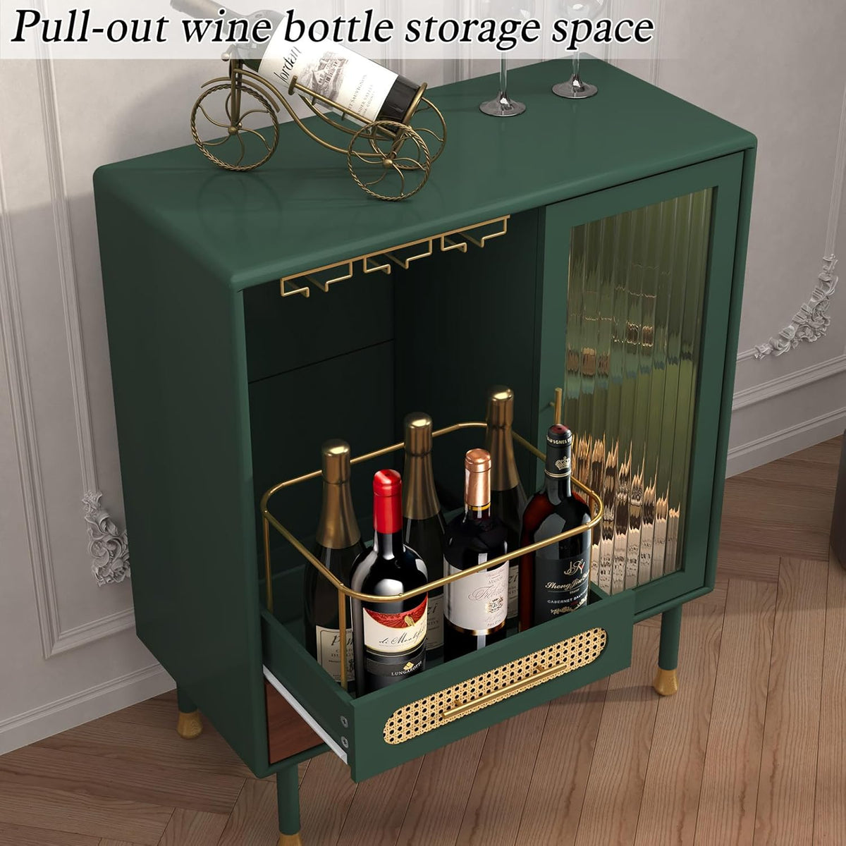 ARTPOWER Modern Coffee Bar Cabinet with Wine Glass Rack and Drawers, Green Liquor Cabinet with Pull-Out Wine Storage for Kitchen, Dining Room, Living
