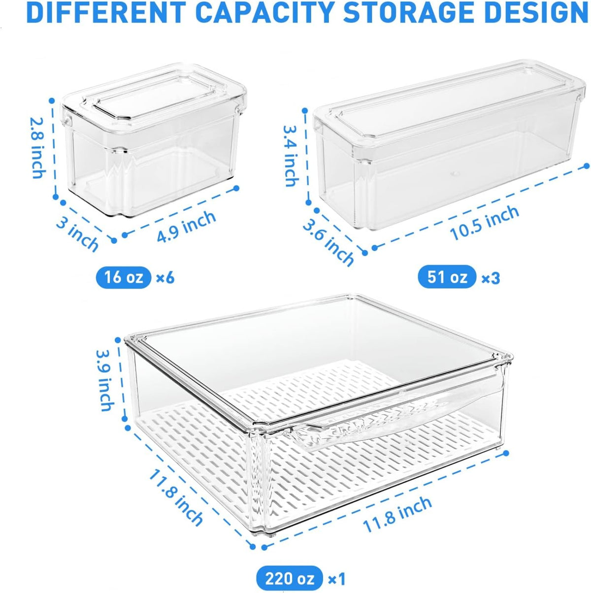 Pomeat 10 Pack Fridge Organizer, Stackable Refrigerator Bins with Lids, BPA-Free Produce Fruit Storage Containers for Fridge, Clear for Food, Drinks