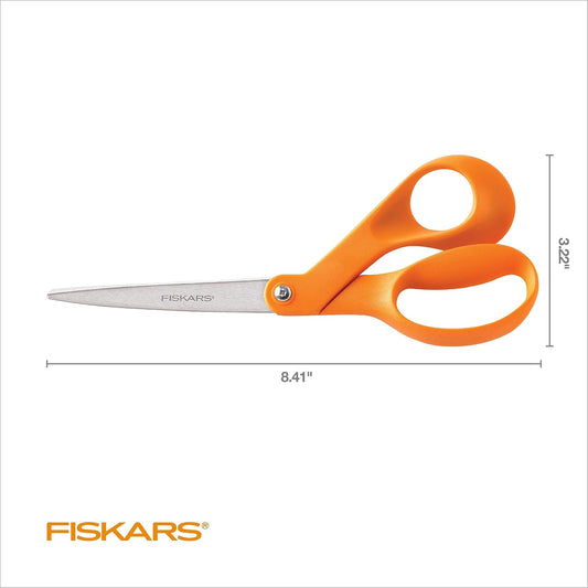 Fiskars 8" Original Orange-Handled Stainless Steel Scissors, Ergonomic and Keeps Material Flat, Sharp All-Purpose Paper and Fabric Scissors for