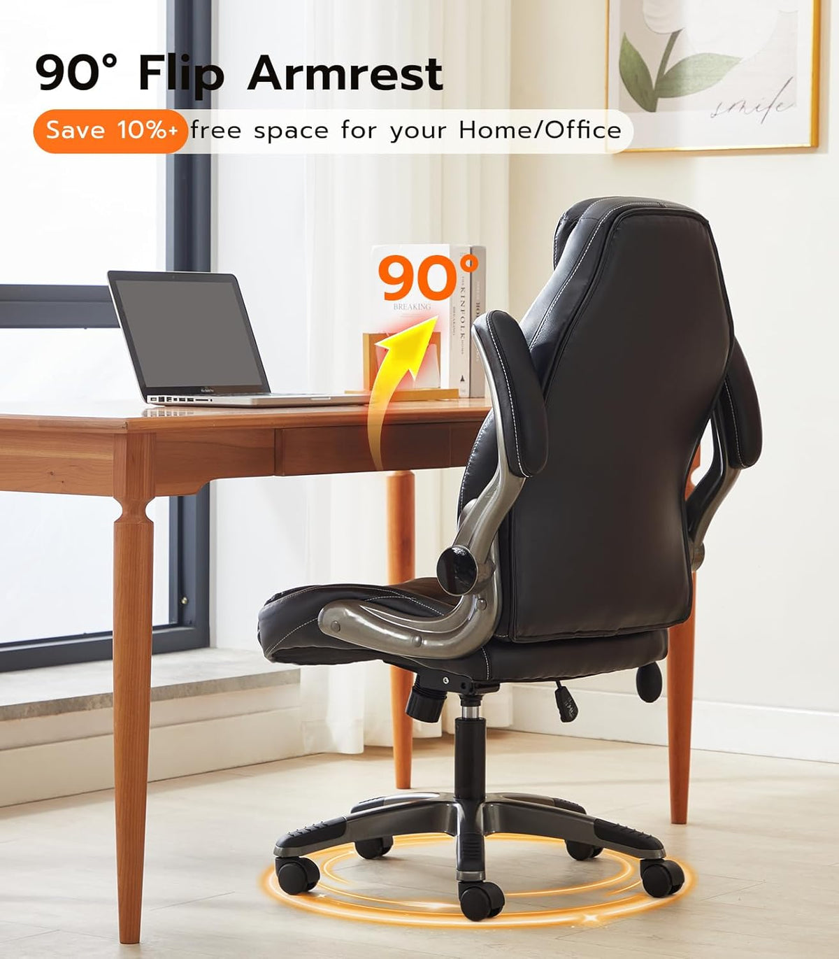 Office Desk Chair, Ergonomic Computer Chair with Padded Flip-Up Arms and Adjustable Lumbar Support, PU Leather Executive Chair with Tilt Lock and