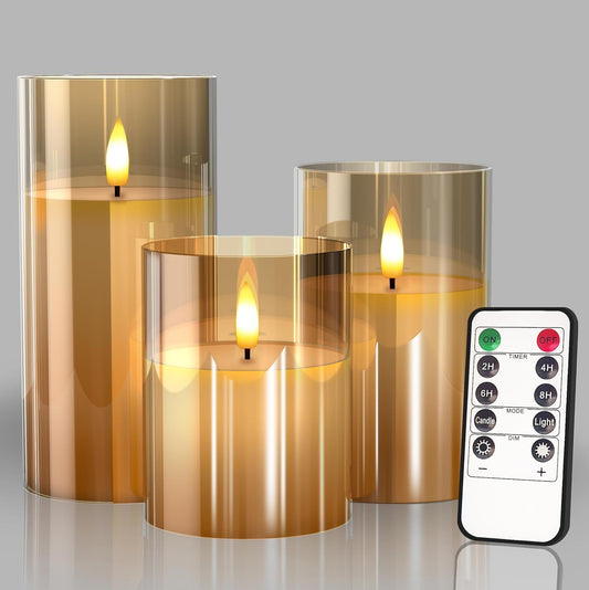 Tyawon Glass Battery Operated LED Flameless Candles with Remote and Timer, Real Wax Candles Warm Color Flickering Light for Festival Wedding Home