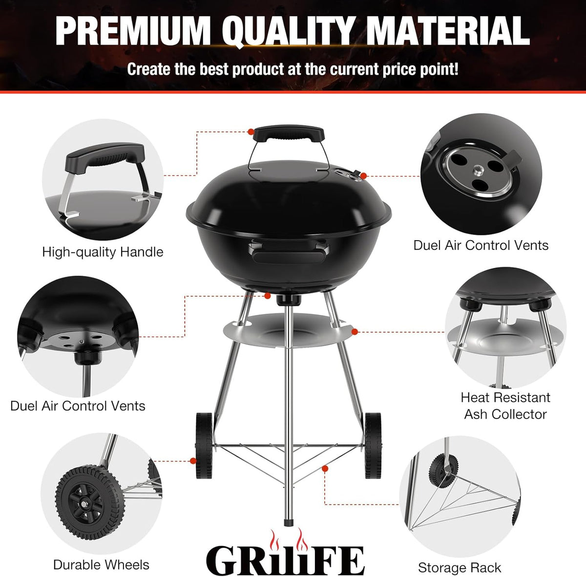 18 inch Charcoal Grill, Portable Kettle BBQ Grills, Perfect BBQ Gift, Durable & Easy to Assemble, Round Barbecue Grill with Wheels and Lid for