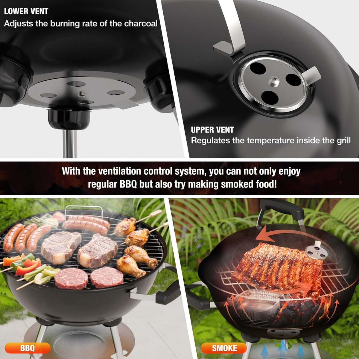 18 inch Charcoal Grill, Portable Kettle BBQ Grills, Perfect BBQ Gift, Durable & Easy to Assemble, Round Barbecue Grill with Wheels and Lid for