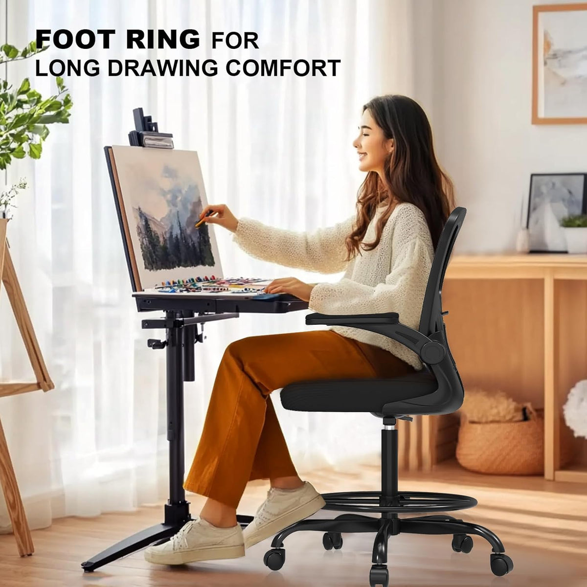 Ergonomic Drafting Chair, Tall Office Chair with Flip-up Armrests, Breathable Mesh High Desk Chair with Lumbar Support Adjustable Footrest Ring for
