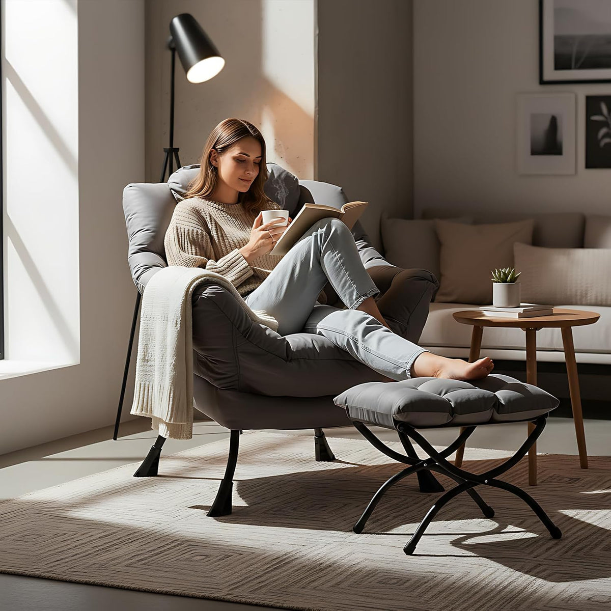 Welnow Lazy Chair with Ottoman, Modern Lounge Accent Chair with Armrests and a Side Pocket, Leisure Sofa Armchair, Reading Armchair with Footrest for