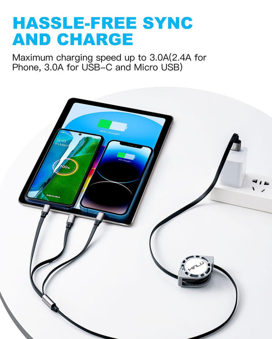 Multi Charging Cable 3A, [2Pack 4ft] Retractable Multi Charging Cord 3 in 1 Fast Charger Cord, USB C Charger Adapter with Lightning/Type C/Micro USB