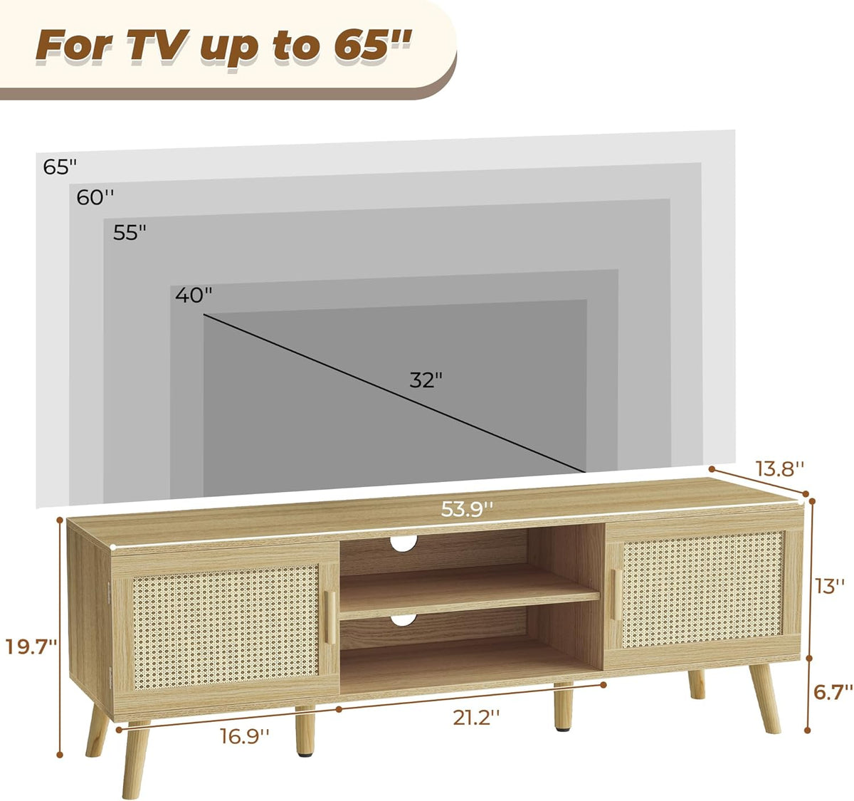 SUPERJARE Boho TV Stand for 65 Inch TV, Entertainment Center with Adjustable Shelf, Rattan TV Console with 2 Cabinets, Media Console, Solid Wood