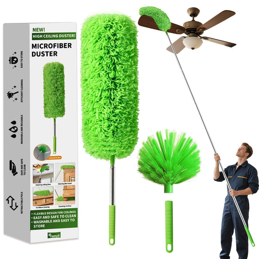 Cobweb Duster with Extension Pole, Washable Cleaning Duster Set with 2 Duster Heads, Corner Brush, 15-110-Inch Telescoping Pole for high Ceiling