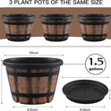 Quarut 3 Pack 10 inch Plant Pots,Whiskey Barrel Planters with Drainage Holes & Saucer, Plastic Decoration Flower Pots Imitation Wine Barrel Design