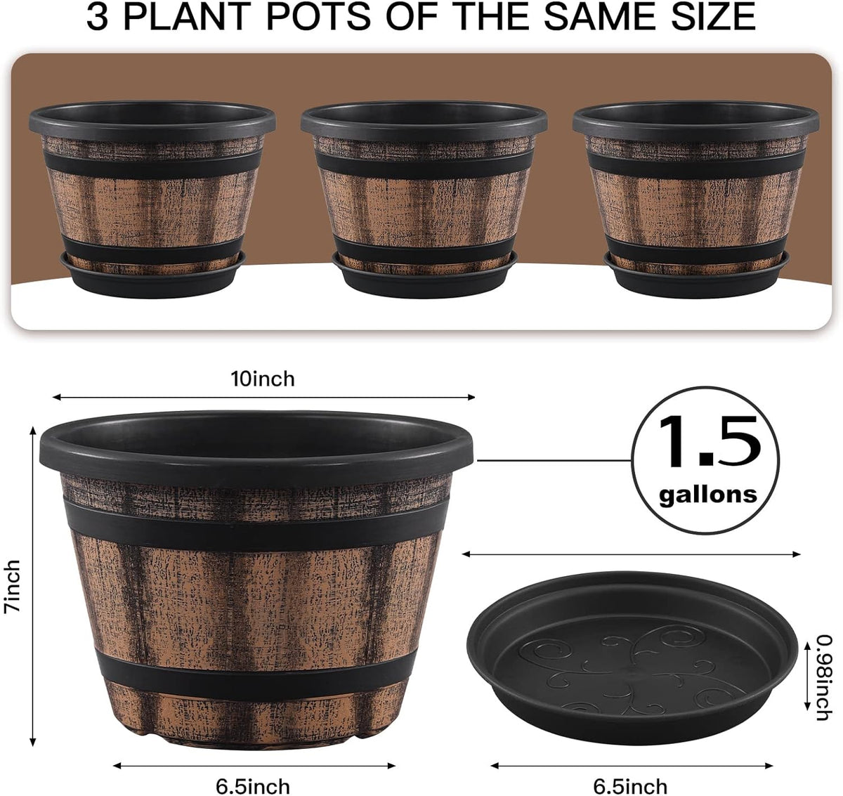 Quarut 3 Pack 10 inch Plant Pots,Whiskey Barrel Planters with Drainage Holes & Saucer, Plastic Decoration Flower Pots Imitation Wine Barrel Design