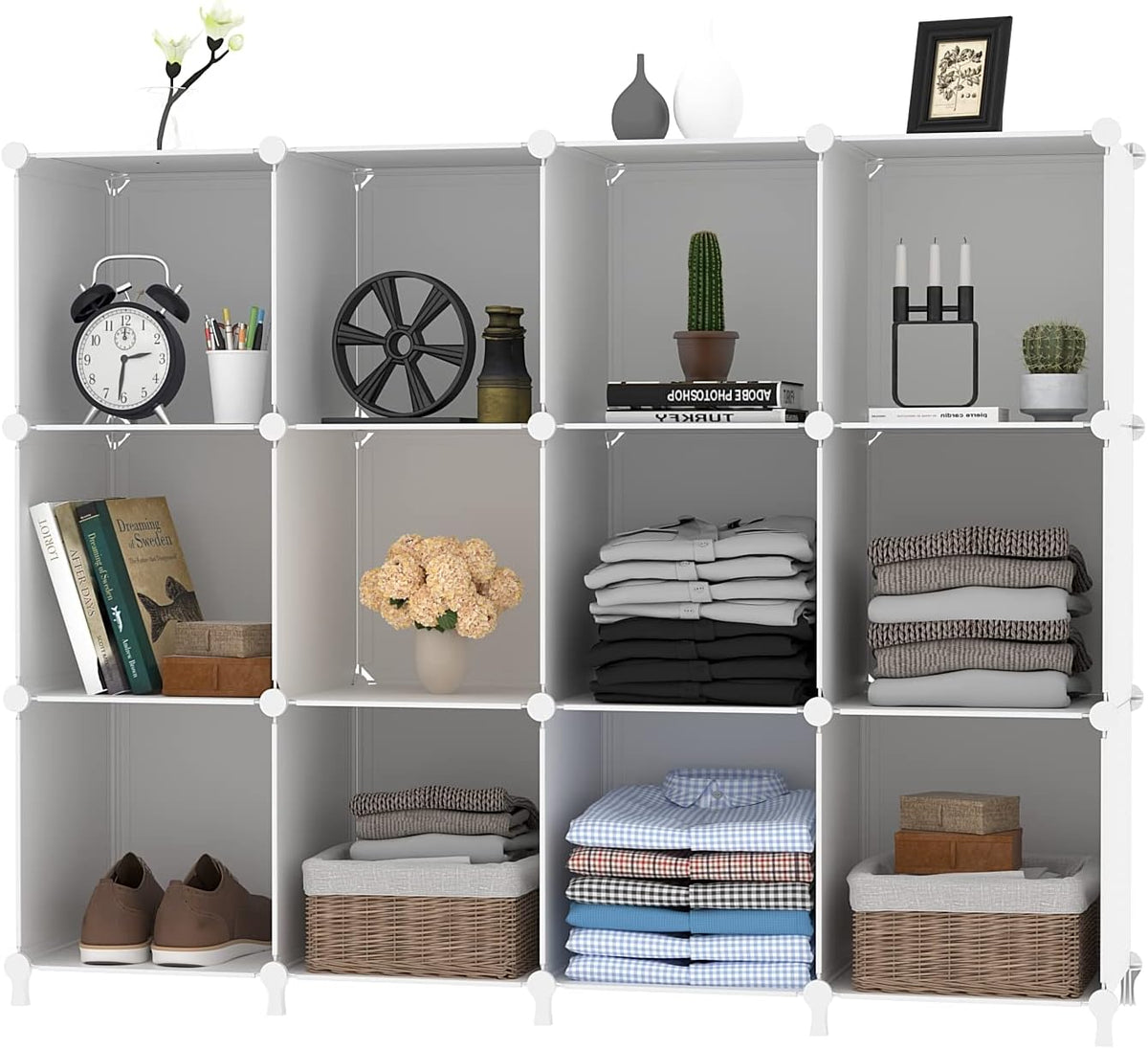 AWTATOS Cube Storage Organizer Storage 12 Cube Bookshelf DIY Plastic Closet Clothes Storage Shelves with Wooden Mallet, Stackable Storage Solution
