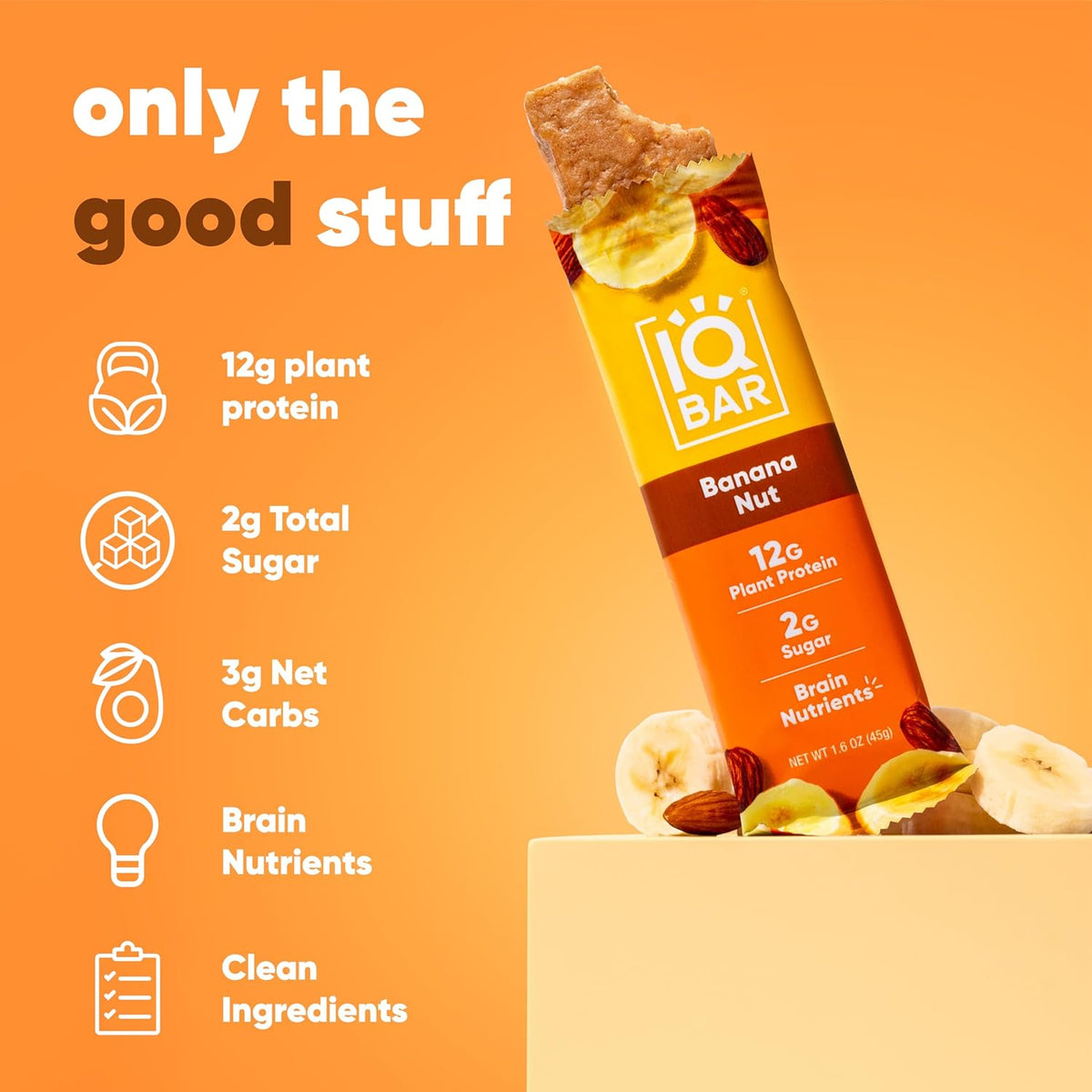IQBAR Clean Plant Protein Bars - Banana Nut - 12 Count - Keto, Vegan, High Fiber, Gluten and Dairy Free, Low Sugar Snack - Brain and Body Nutrients