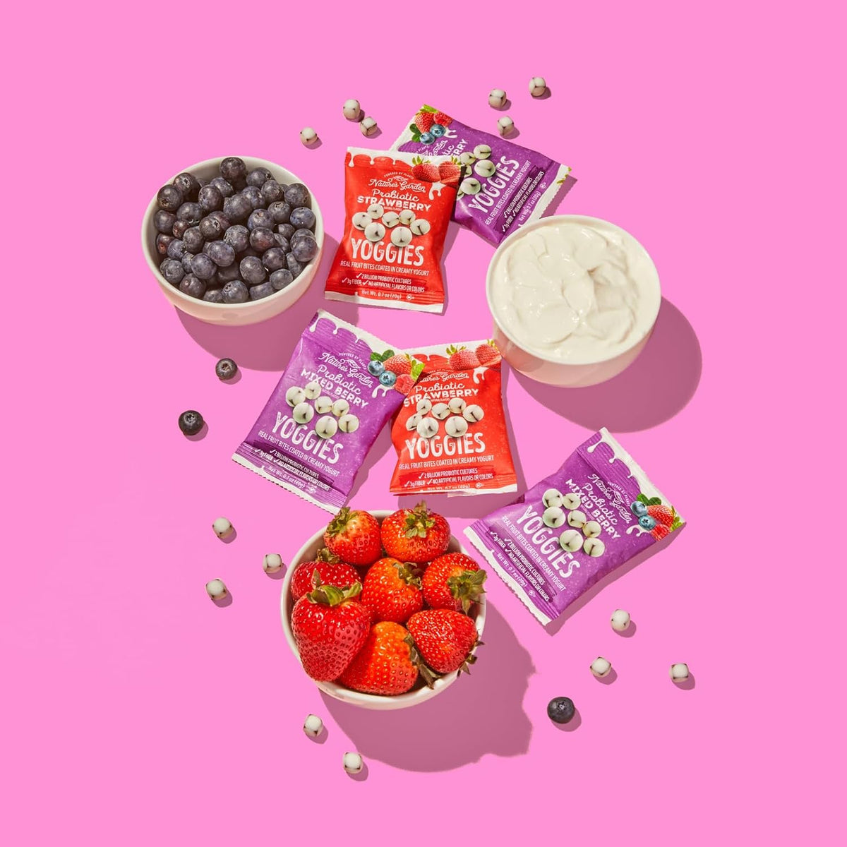 Nature's Garden Probiotic Yoggies Multi Pack, 21oz (Strawberry 15x0.7 oz + Mixed Berry 15x0.7 oz) Yogurt Covered Healthy Snack, High Fiber, Real