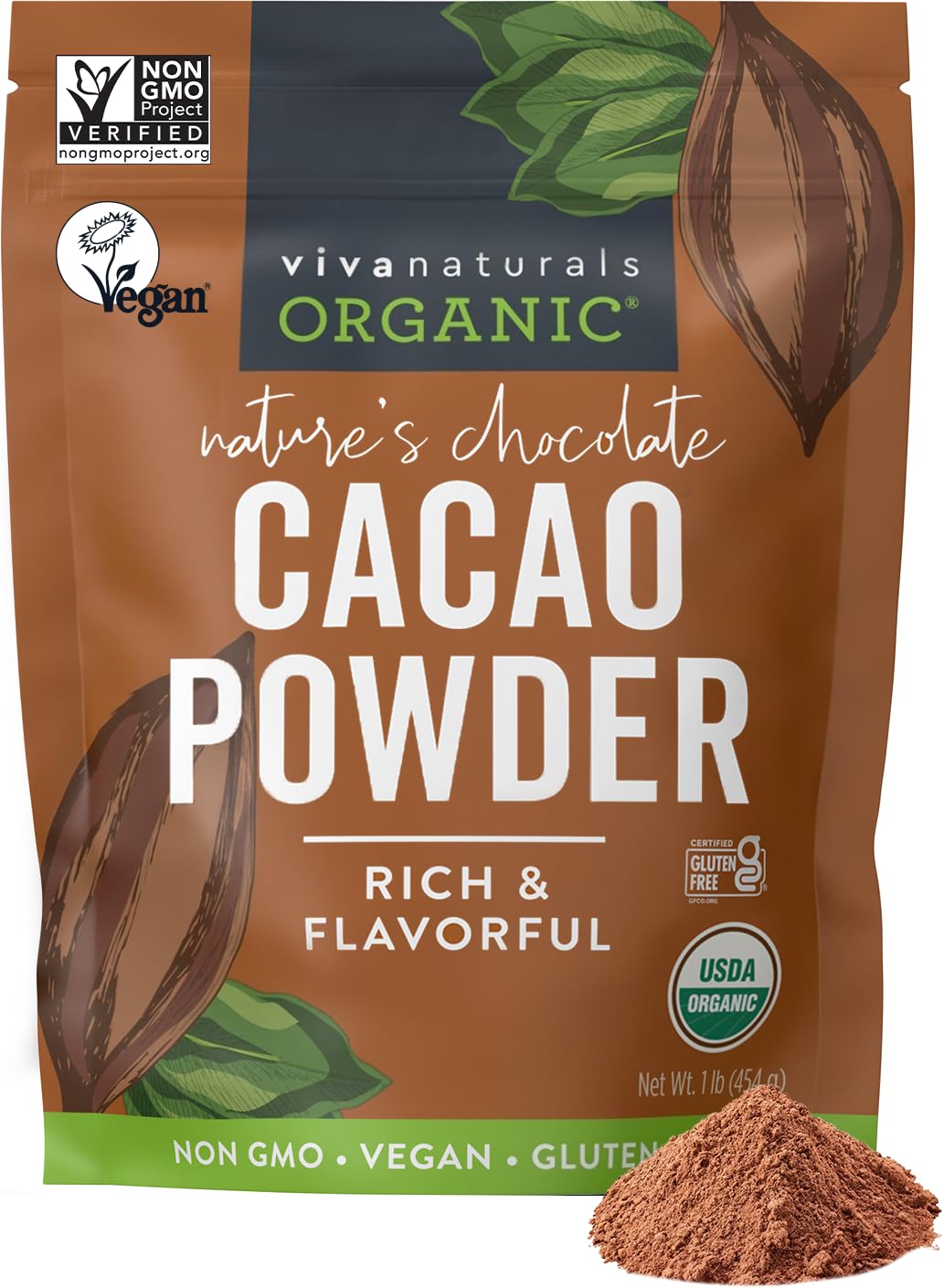 Organic Cacao Powder, Unsweetened, 1 lb (454 g) – Rich Dark Chocolate Flavor, Perfect for Baking, Smoothies & Hot Chocolate – Vegan, Keto, Paleo