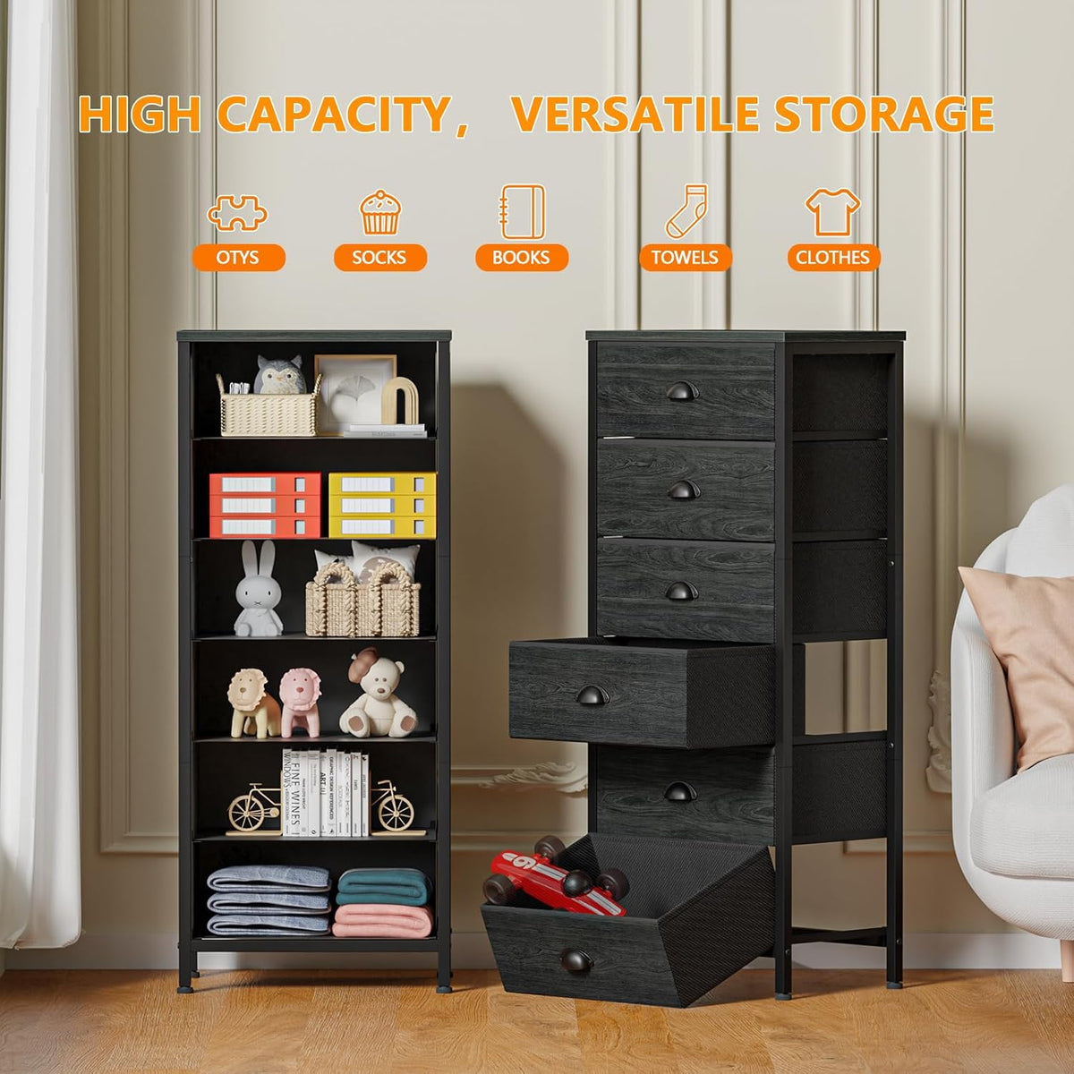 Furnulem Tall Dresser with 6 Drawers,Vertical Bedside End Table & Chest for Bedroom,Black Storage Tower Dorm Nightstand with Fabric Drawer Organizer