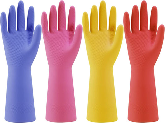 Rubber Kitchen Dishwashing Gloves - 4 Pairs Colorful Reusable Household Cleaning Gloves for Washing Dishes and Cleaning Tasks, Flexible Long-lasting