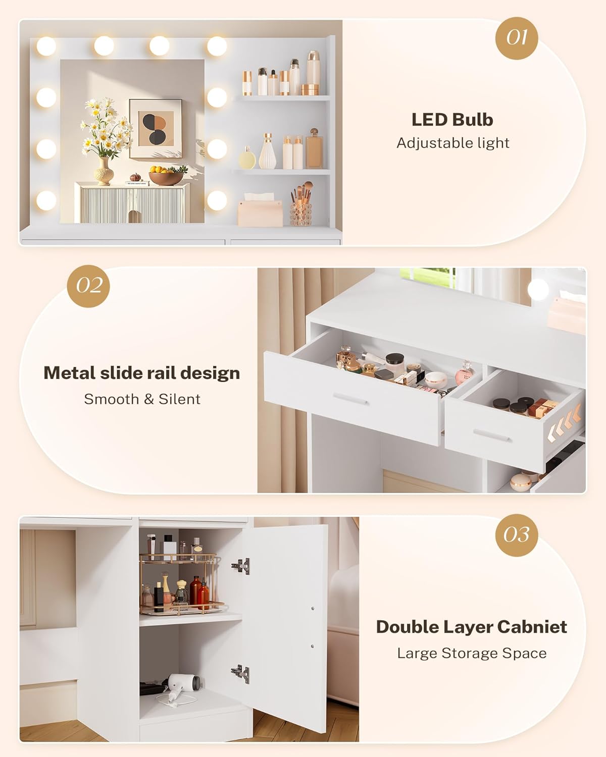Lighted Makeup Vanity Desk, 35.4“W x 15.7'”D x 54“H, White (with Lights and Mirror, Dimming Function, 2 Drawers and 1 Cabiniet, Open Shelves) by