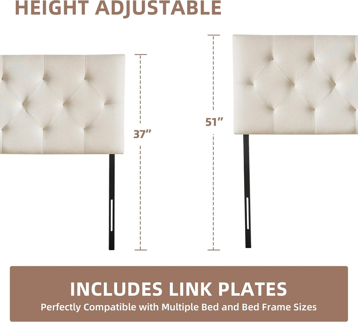 Linen Fabric Upholstered Headboard Queen Size, Modern Diamond Tufting Solid Wood Queen Headboard Only, Adjustable Height from 37” to 51” Head Board