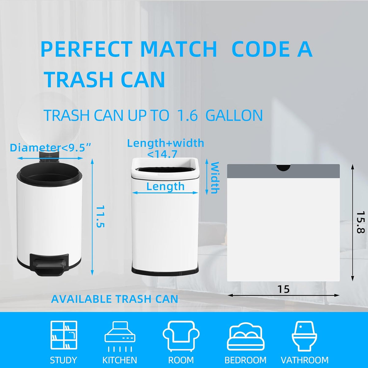 120 Counts 1.6 Gallon Mini Drawstring Trash Bags, Small Garbage Bags by KSSKSS, Code a fit 4.5-8 Liter, 1.2-2 Gal, White Trash Bin Liners for Home