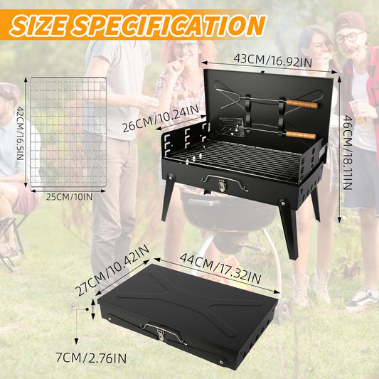 Portable Charcoal Grill Foldable BBQ Grill Kit - Compact Camping Grill for Outdoor BBQ, Cooking, Picnics, Beach, Backyard - Barbecue Accessories with