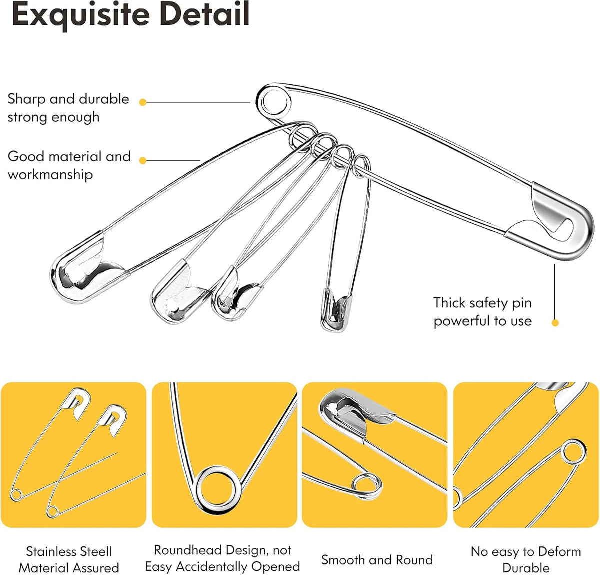 Huhuhero 160Pcs Safety Pins, Large & Small Safety Pins for Clothes Sewing Craft, Nickel Plated Steel Assorted Size Pins Bulk, Art and Craft Supplies