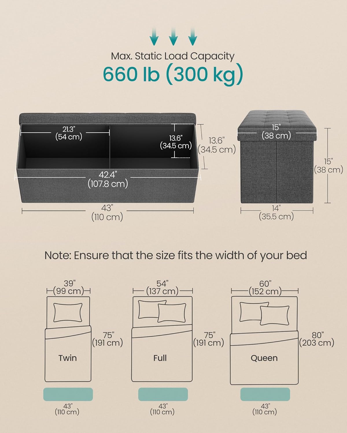 SONGMICS MAZIE Collection - 43 Inches Folding Storage Ottoman Bench, Ottoman Foot Rest, End of Bed Bench, Storage Chest, Load 660 lb, for Living