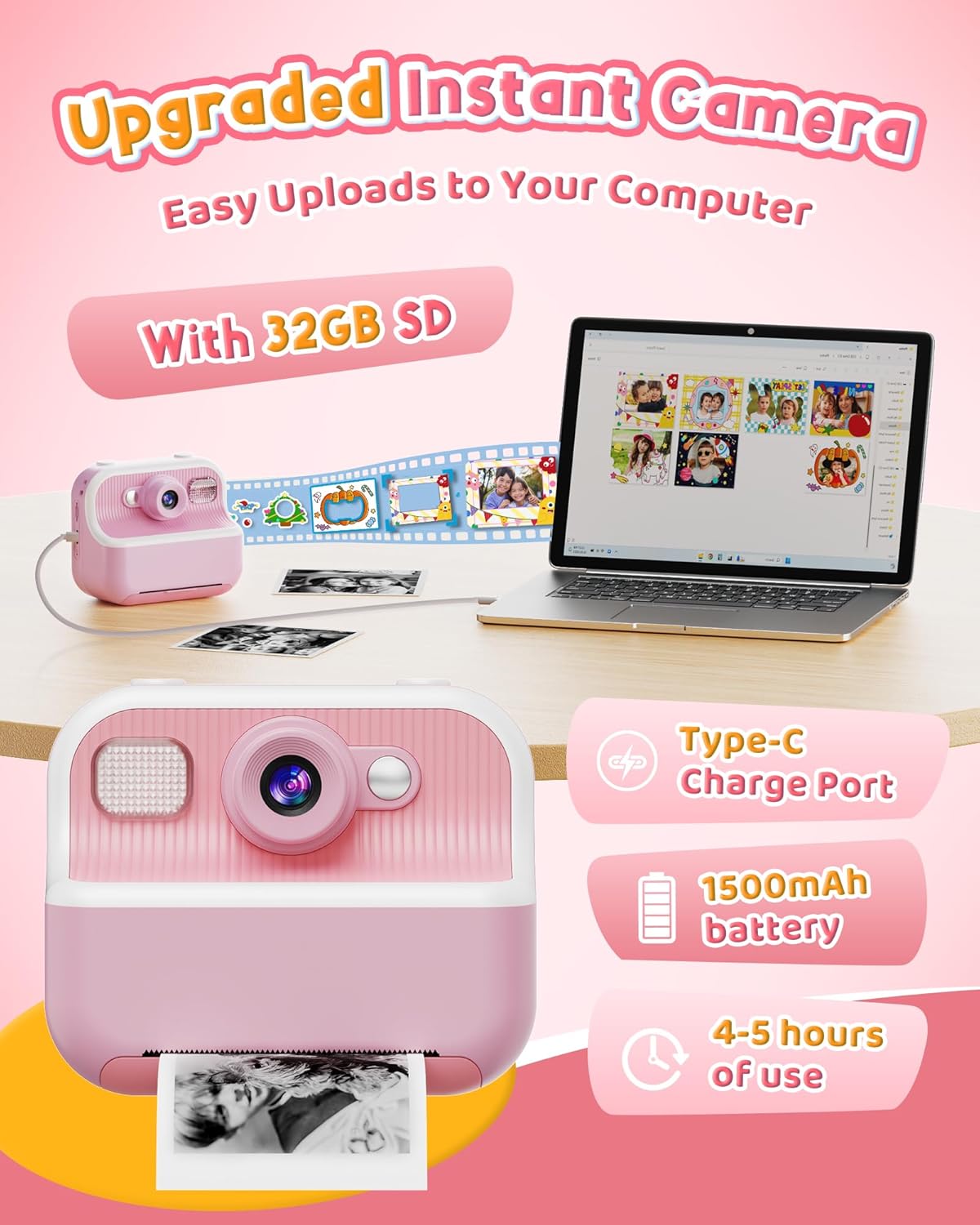 Instant Camera, Front Rear Dual Selfie Kids Camera with 1080P Videos, Holiday Birthday Gifts for Kids Age 3-12, Toddler Portable Travel Print Digital