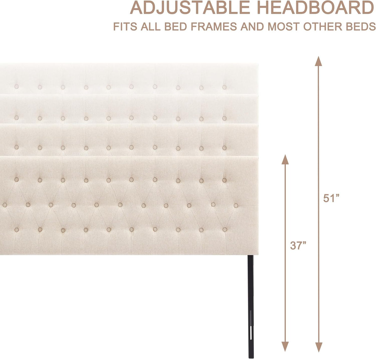 Tufted Upholstered Headboard Queen Size, Solid Wood Head Board with Durable Metal Legs, Adjustable Height Bed headboard from 37” to 51” Fabric