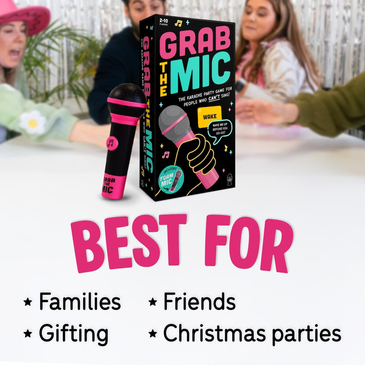 Lucky Egg Official Grab The Mic – Family Karaoke Board Game w/Foam Mic, 8+ Ages, 2-10 Players - Games for Bad Singers w/ 240 Lyrics (120 Cards)