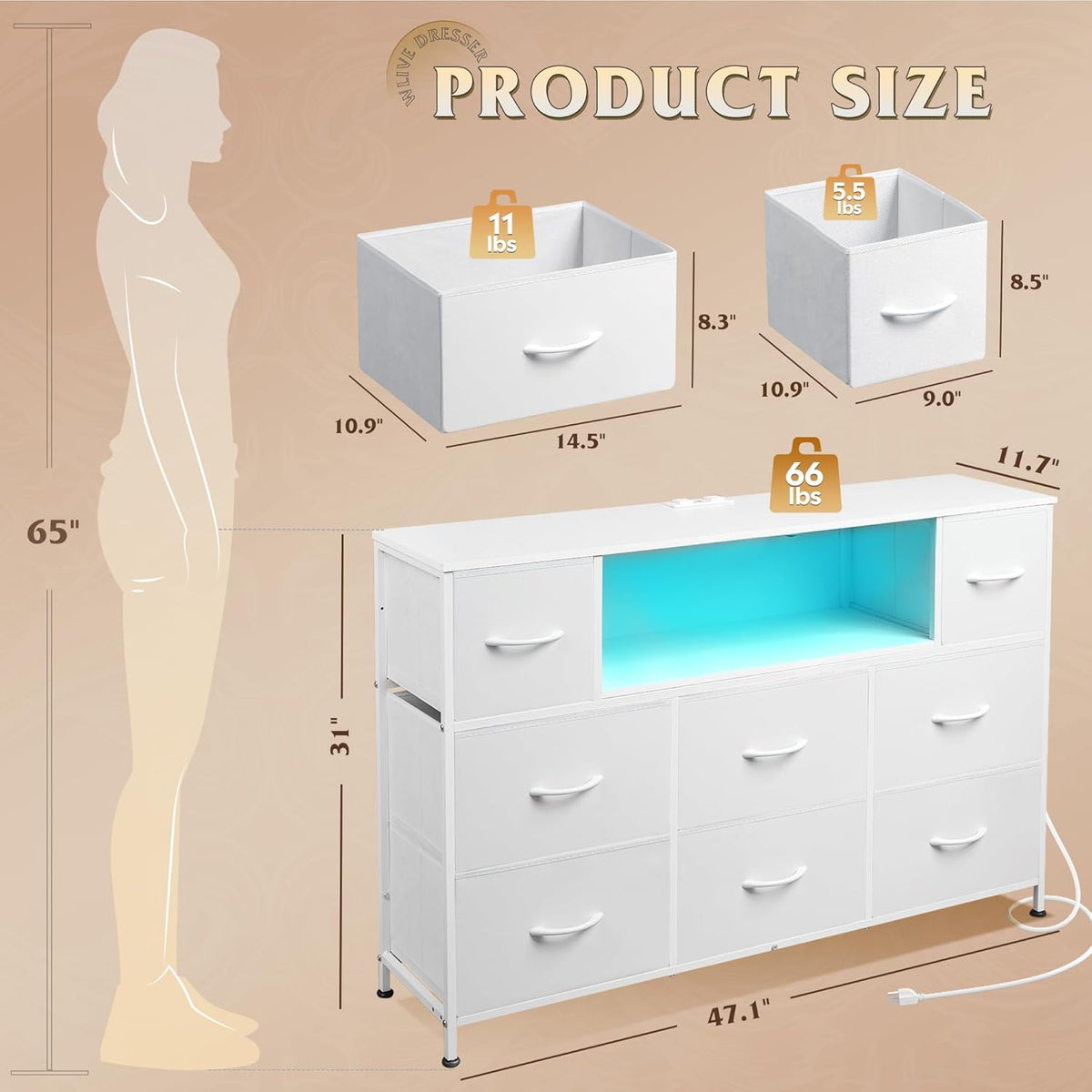 WLIVE White Dresser TV Stand for 45, 50, 55 inch TV, Entertainment Center with LED Lights & Charging Station, Chest of Drawers with 8 Fabric Drawers