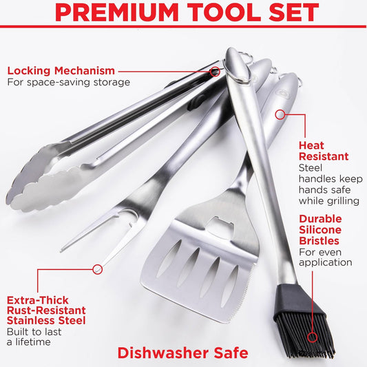 Alpha Grillers Grilling Accessories - Grilling Gifts for Men - BBQ Accessories Grill Tools Set with Spatula, Fork, Brush & Tongs - Outdoor Barbecue