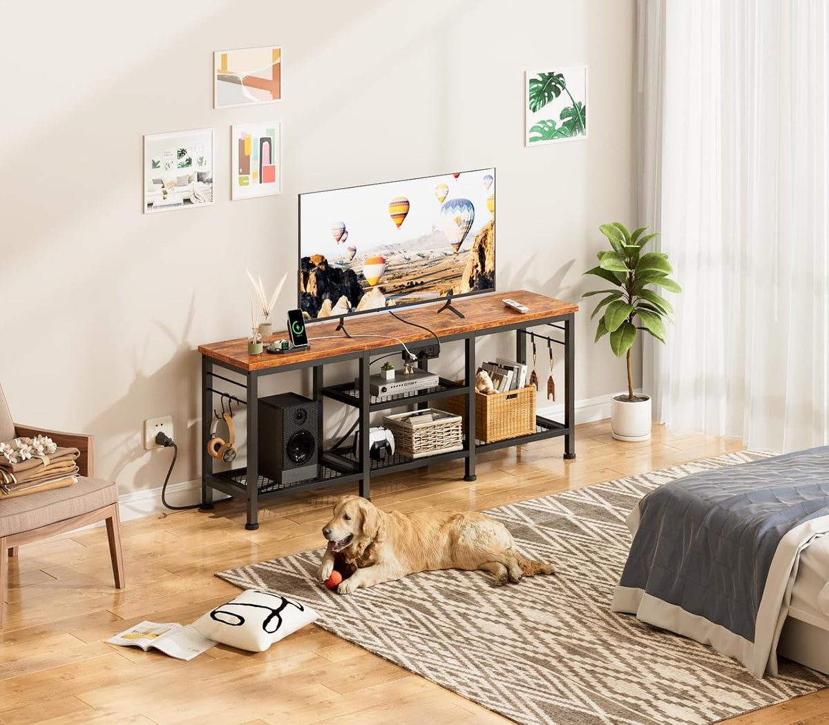 Furologee TV Stand with Power Outlets, Entertainment Center with Open Storage Shelves for TVs up to 55 Inch, Media Console Table with Soundbar Shelf