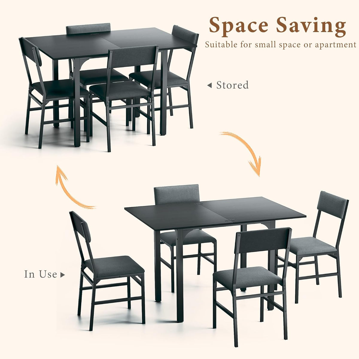 Dining Table Set for 4, Extendable Kitchen Table Cushion Chairs Set of 4, Rectangle Dining Table with Metal Frame & MDF Board, Folding for Small