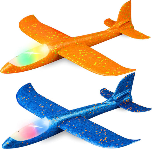 2 Pack LED Light Airplane,17.5" Large Throwing 2 Flight Mode Glider Plane,Flying Toy for Kids,Gifts for 3 4 5 6 7 8 9 Years Old Boy,Outdoor Sport