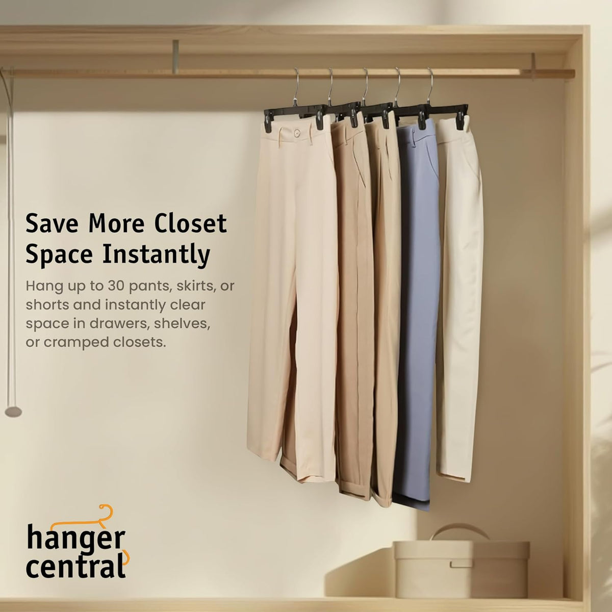 Hanger Central 30 Pack Pants Hangers – 12 Inch Slim Plastic Clothes Hangers with Clips for Skirts, Shorts & Trousers – Non Slip Grip, Heavy Duty