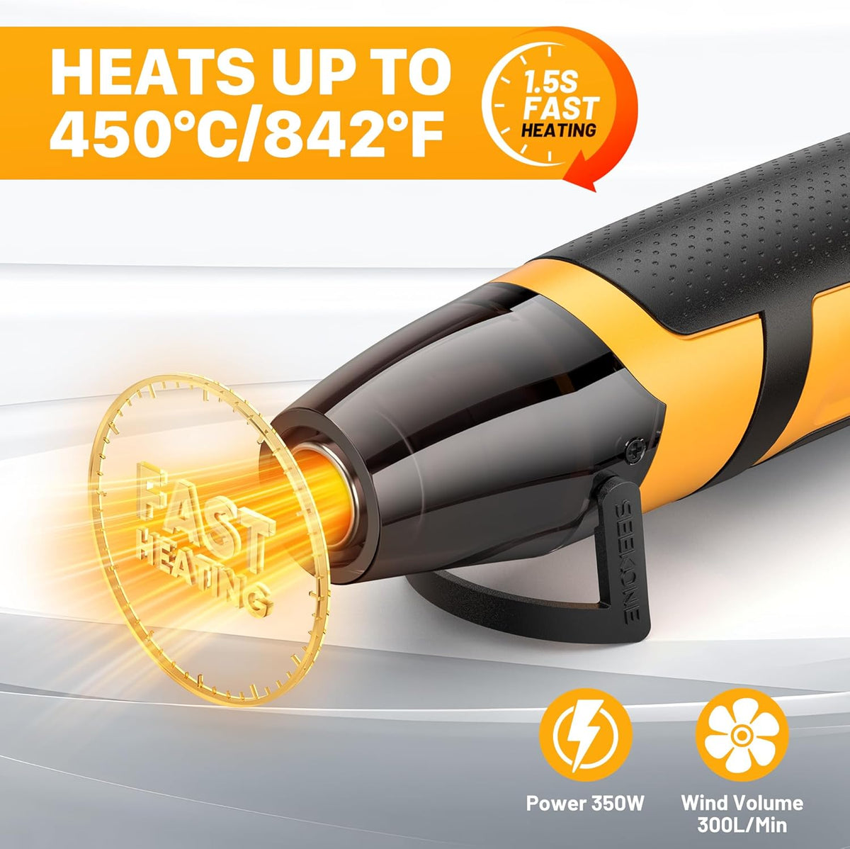 SEEKONE Mini Heat Gun, 350W 2-Temp Settings 500℉ & 842℉（260℃& 450℃） Fast Heat Hot Air Gun Tool with Reflector Nozzle and 4.9Ft Long Cable Overload