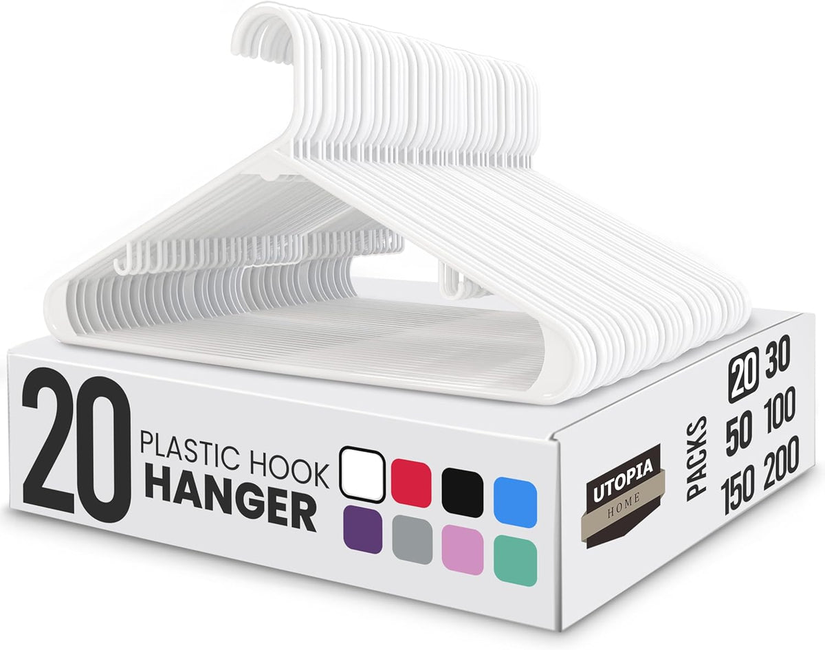 Utopia Home Plastic Hangers 20 Pack - Space Saving Clothes Hanger - Durable & Strong Closet Organizers and Storage with Built-in Strap Hooks