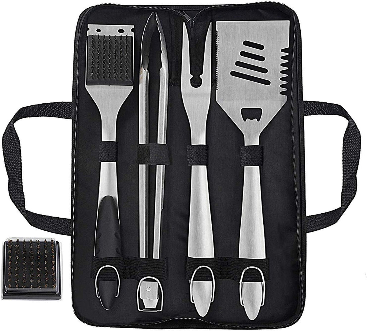 grilljoy 8PCS BBQ Grill Tools Set with Extra Thick Stainless Steel Spatula, Fork, Tongs & Cleaning Brush - Complete Barbecue Accessories Kit with
