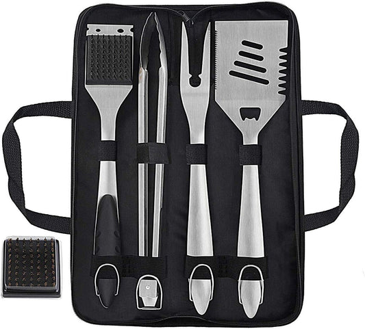 grilljoy 8PCS BBQ Grill Tools Set with Extra Thick Stainless Steel Spatula, Fork, Tongs & Cleaning Brush - Complete Barbecue Accessories Kit with